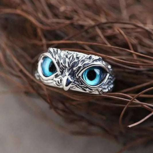 Anillo ajustable de búho de la buena suerte en plata y ópalo