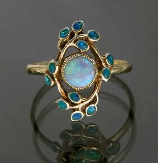 Anillo Azul de Cristales Vintage y Ópalo